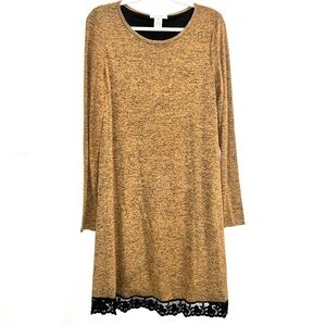 Elegant oversized Tan long sleeve Dress with black Lace Hem